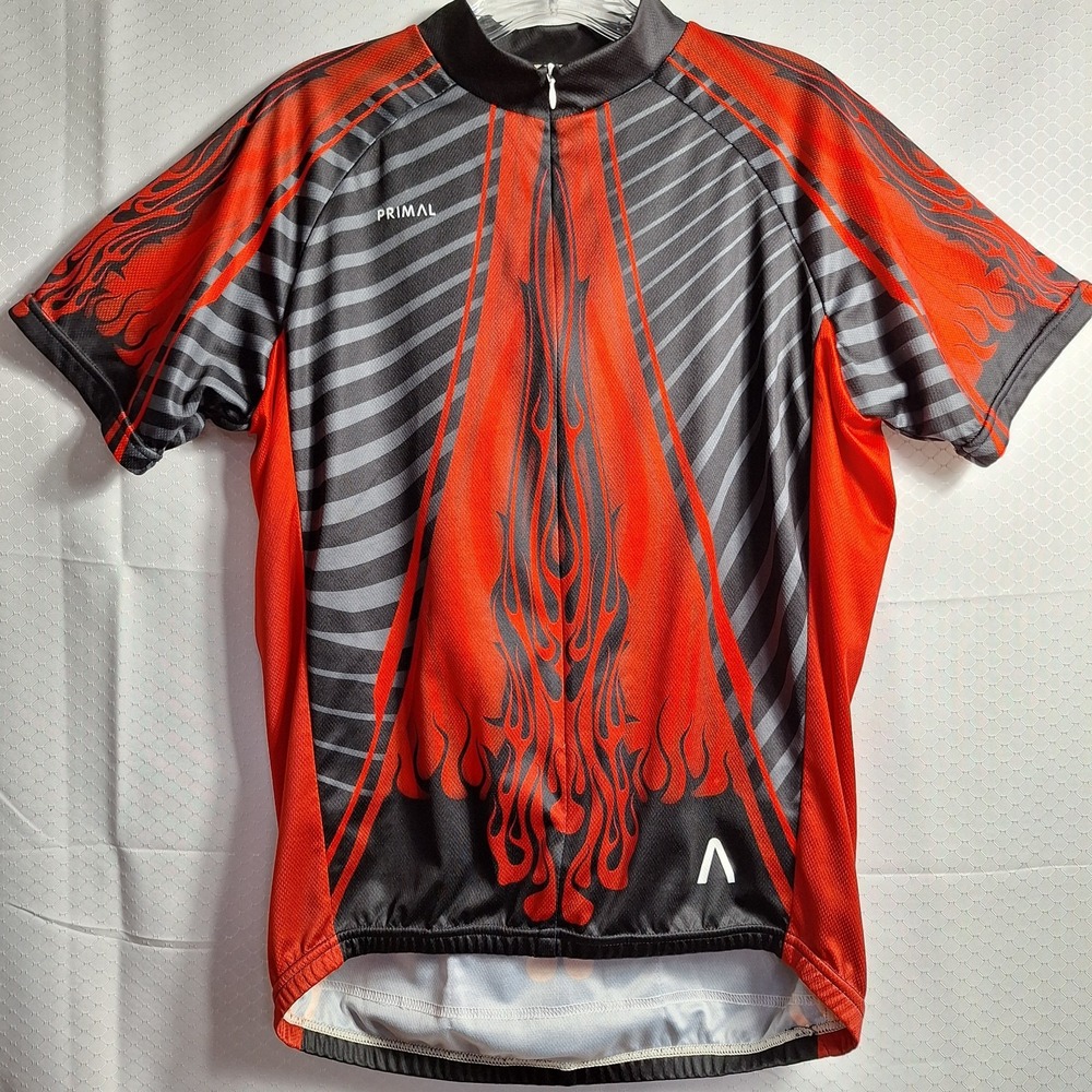 PRIMAL Wear Pro Cycling Jersey Shirt Men Sz M Black Red Bike Flames 1/2 Zip S/S